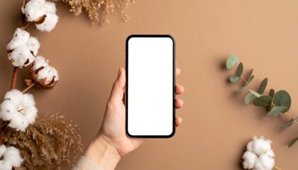 Hand holding smartphone mockup with a blank screen on a brown background. Perfect for showcasing apps, websites, or digital content in a clean, versatile setting