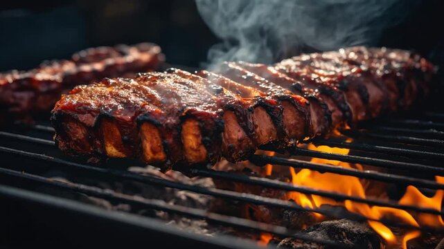 Close up view of ribs cooking on a grill with flames and smoke rising from the hot barbecue meat