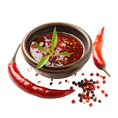 Spicy sauce in a bowl, with peppers and spices