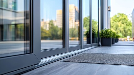Modern gray sliding glass doors leading to a patio