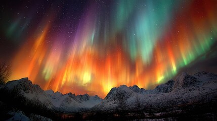 Vibrant Aurora Borealis Over Snowy Mountains