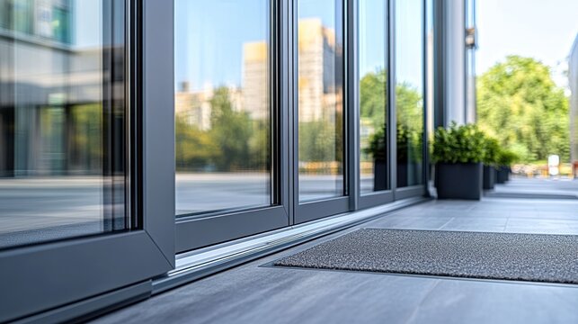 Modern gray sliding glass doors leading to a patio