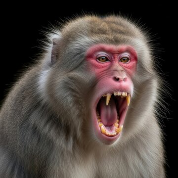 Aggressive Japanese macaque portrait, screaming snow monkey with sharp fangs, angry primate showing teeth and pink face, wild animal wildlife photography isolated PNG with Transparent Background