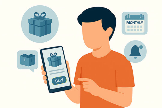 Man shopping online using mobile phone, with gift box and calendar icons illustrating e-commerce and subscriptions