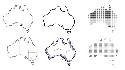 Set of Australia Map Designs Featuring National Flag, Political Boundaries, and Detailed Regional Division for Graphic and Educational Use