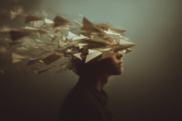 Creative representation of thought and imagination with paper airplanes flying from head in a surreal atmospheric setting