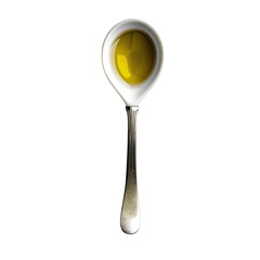 A small, white ceramic spoon filled with golden-yellow liquid, likely olive oil, is seen from above, highlighting the liquid's depth and the spoon's delicate form