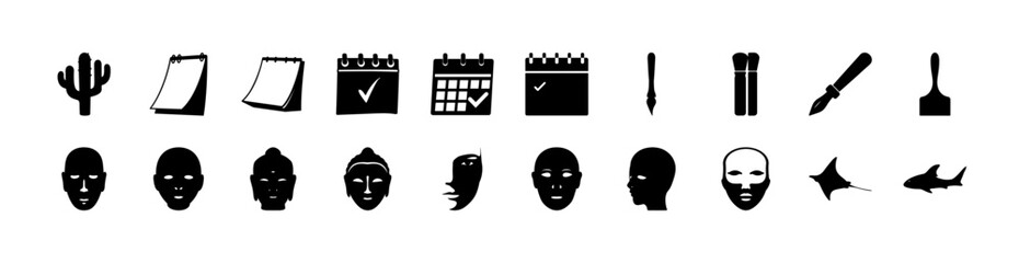 Silhouette Icons Collection – Faces, Calendar, Tools, Sea Life - This black silhouette icon set features a range of diverse themes including human faces, masks, Buddha heads, sketching tools