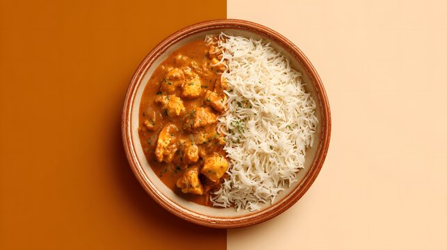 Overhead view of chicken curry with basmati rice in a rustic bowl on a split brown and cream background
