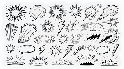 A Collection of Hand Drawn Black and White Comic Book Style Explosions Stars Speed Lines and Speech Bubbles
