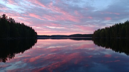 Obraz premium Serene lake sunset reflection