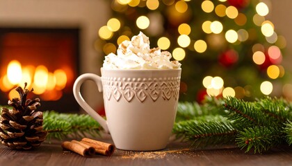 Festive spiced hot beverage in ornate mug near fireplace