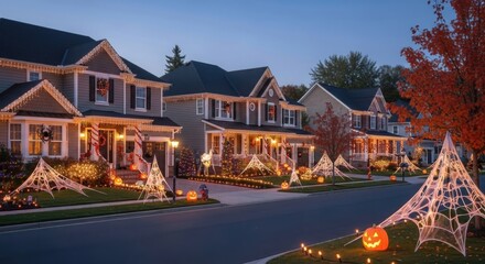 Suburban street decorated for halloween evening