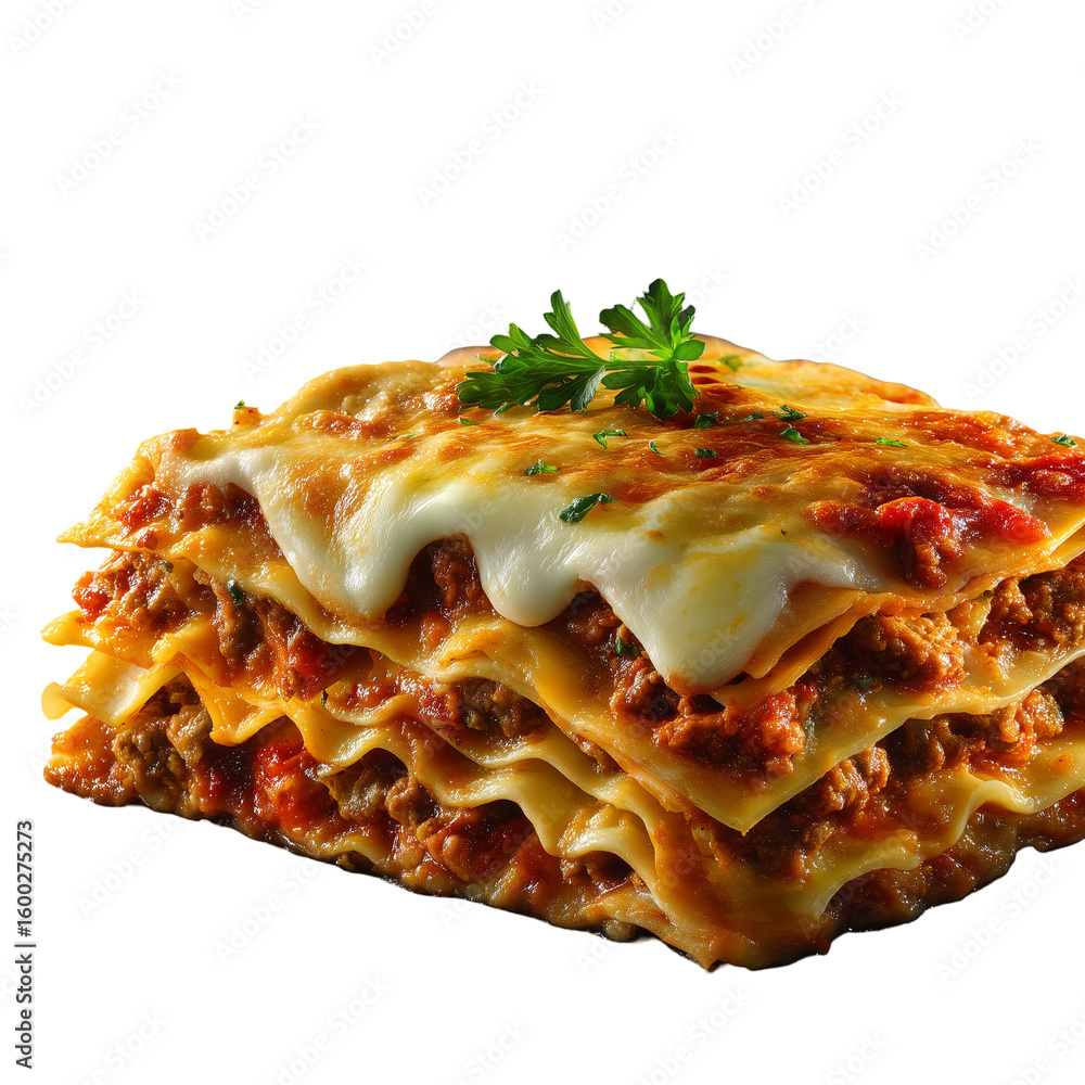 Poster a close up view of a layered lasagna with melted cheese and parsley garnish isolated on transparent 
