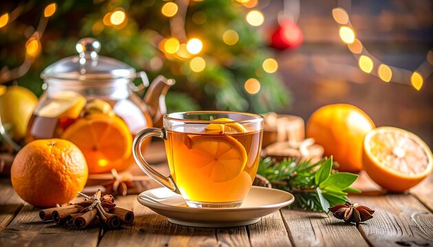 Festive warm tea with citrus and spices