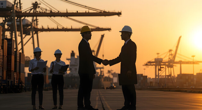 Business handshake at port in silhouette, cargo ships and sunset behind - Powered by Adobe