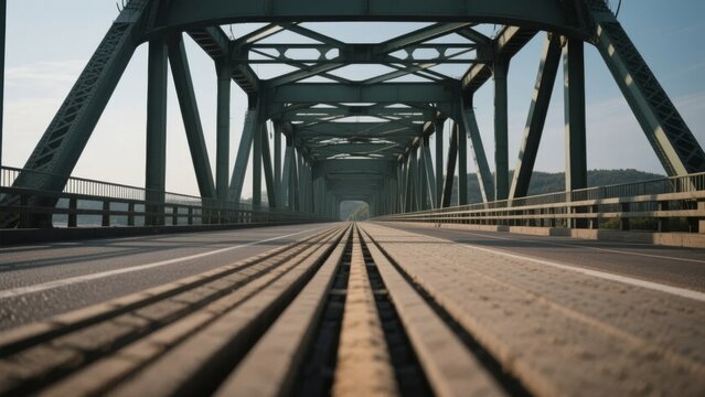 Low-angle view of a steel truss bridge with clear skies and distant hills