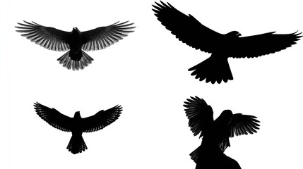 Obraz premium Four black silhouettes of raptors soaring against a stark white background, showcasing different flight poses
