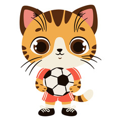 Cute kitten in soccer uniform holding a soccer ball. Flat vector illustration in simple child style on white background. Vector illustration