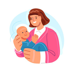 Young woman holds small child in her arms. Loving mother holding newborn baby. Motherhood emblem
