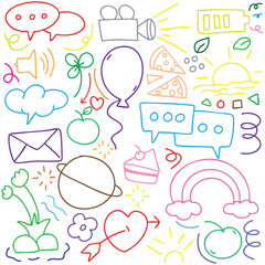 hand drawn potrait background colorful doodle vector set, love, Natural , star, cloud, weather, rainbow, flower, bubble, heart and creative design vector collection.