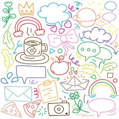 hand drawn potrait background colorful doodle vector set, love, Natural , star, cloud, weather, rainbow, flower, bubble, heart and creative design vector collection.