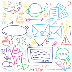 hand drawn potrait background colorful doodle vector set, love, Natural , star, cloud, weather, rainbow, flower, bubble, heart and creative design vector collection.