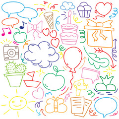 hand drawn potrait background colorful doodle vector set, love, Natural , star, cloud, weather, rainbow, flower, bubble, heart and creative design vector collection.