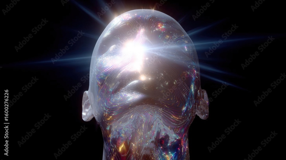 Poster digital illustration of a human head with a futuristic and abstract design. the head is made up of a