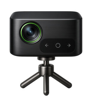Battery-powered mini projector with tripod mount and touch-sensitive controls for outdoor events
