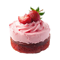 Round, pink frosted cake topped with fresh strawberry