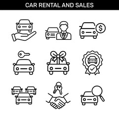 Car rental and sales outline icons set with car, key, dealership, rental service, car dealer