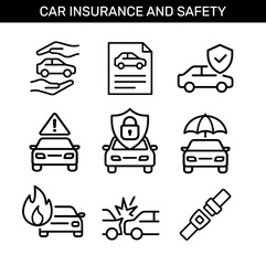 Set of outline icons for auto insurance and vehicle safety with car protection, accident, fire, security, policy document, and seatbelt
