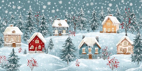 Cute village houses covered with fluffy snow. Winter snowfall outside the city. Christmas mood. Waiting for New Year's miracles. Banner, template, background, card, post on a social network. 