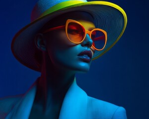 Portrait of female fashion model wearing futuristic hat and glasses glowing neon on dark studio dark blue background