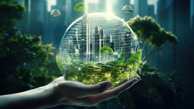 Hand holding a glass orb containing a futuristic city with green vegetation inside and outside it