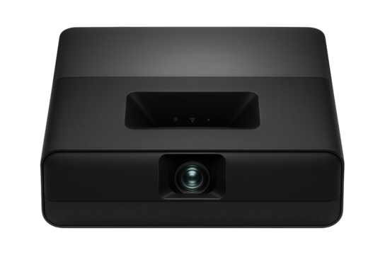 Ultra-short throw projector with a sleek black housing and integrated soundbar for home theater setups