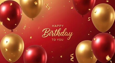 Gleaming gold and red balloons float as golden confetti falls wishing happy birthday on red