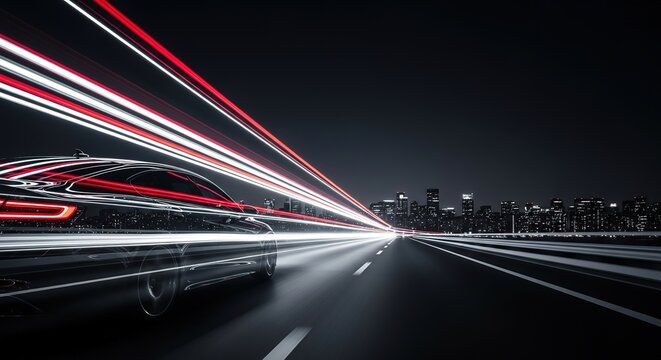 Sleek black car speeds down dark highway, leaving streaks of red and white light at night
