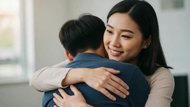 Happy young Asian woman lovingly embracing her boyfriend. Supportive girlfriend comforting her partner. Tender moment between a loving couple at home.