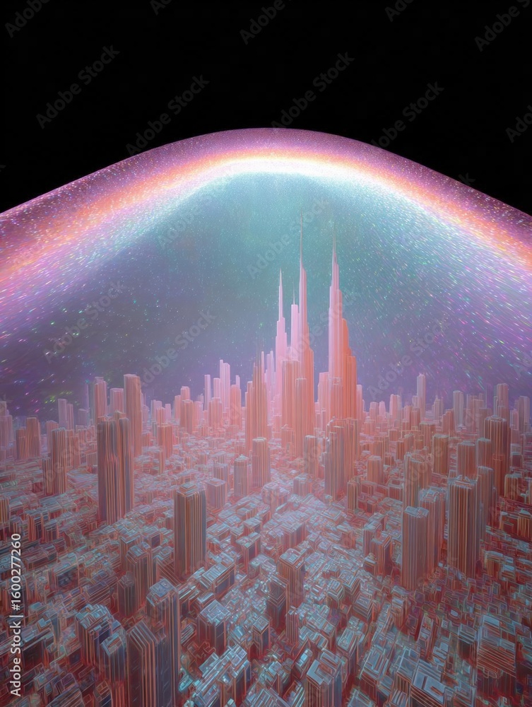 Poster digital illustration of a futuristic city with tall buildings and skyscrapers. the city is made up o