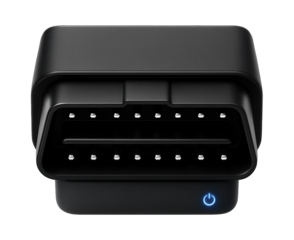 Miniature OBD-II adapter with a low-profile design and a blue LED light to indicate power status