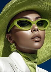 Portrait of female fashion model wearing futuristic hat and glasses glowing neon on dark studio dark blue background