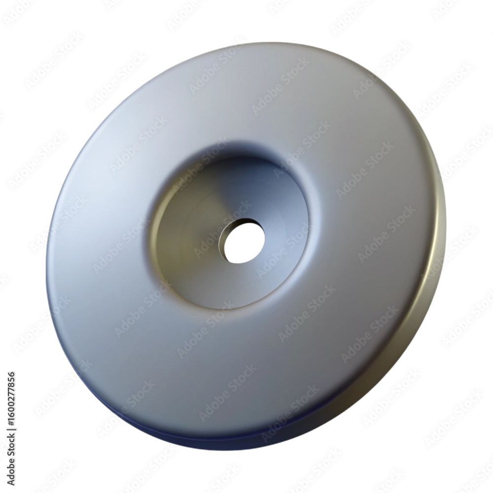 Poster realistic close up render of a circular metallic object with a central aperture