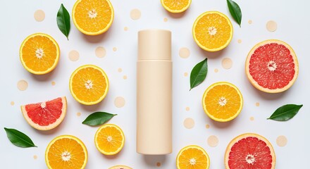 Top view of a cosmetic bottle mockup with vibrant orange and grapefruit slices and green leaves for a natural beauty product concept