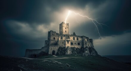 Obraz premium Ancient castle struck by lightning during a violent thunderstorm