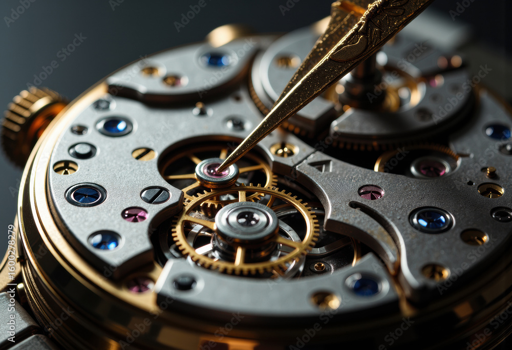 Poster close-up of a detailed mechanical watch movement with precision gears and components