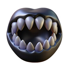 Rendered illustration of a stylized mouth with sharp teeth and a glossy black exterior