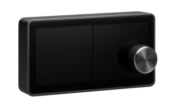 Rectangular dashboard display with split-screen functionality and tactile volume knob