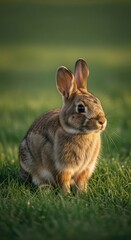 Fototapeta premium A young rabbit sits alertly in a sunlit grassy field
